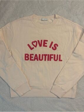 Sandro Cream Crewneck Sweater with Pink 'LOVE IS BEAUTIFUL' Graphic